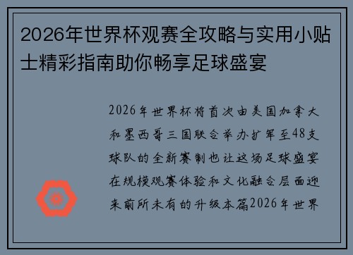 2026年世界杯观赛全攻略与实用小贴士精彩指南助你畅享足球盛宴